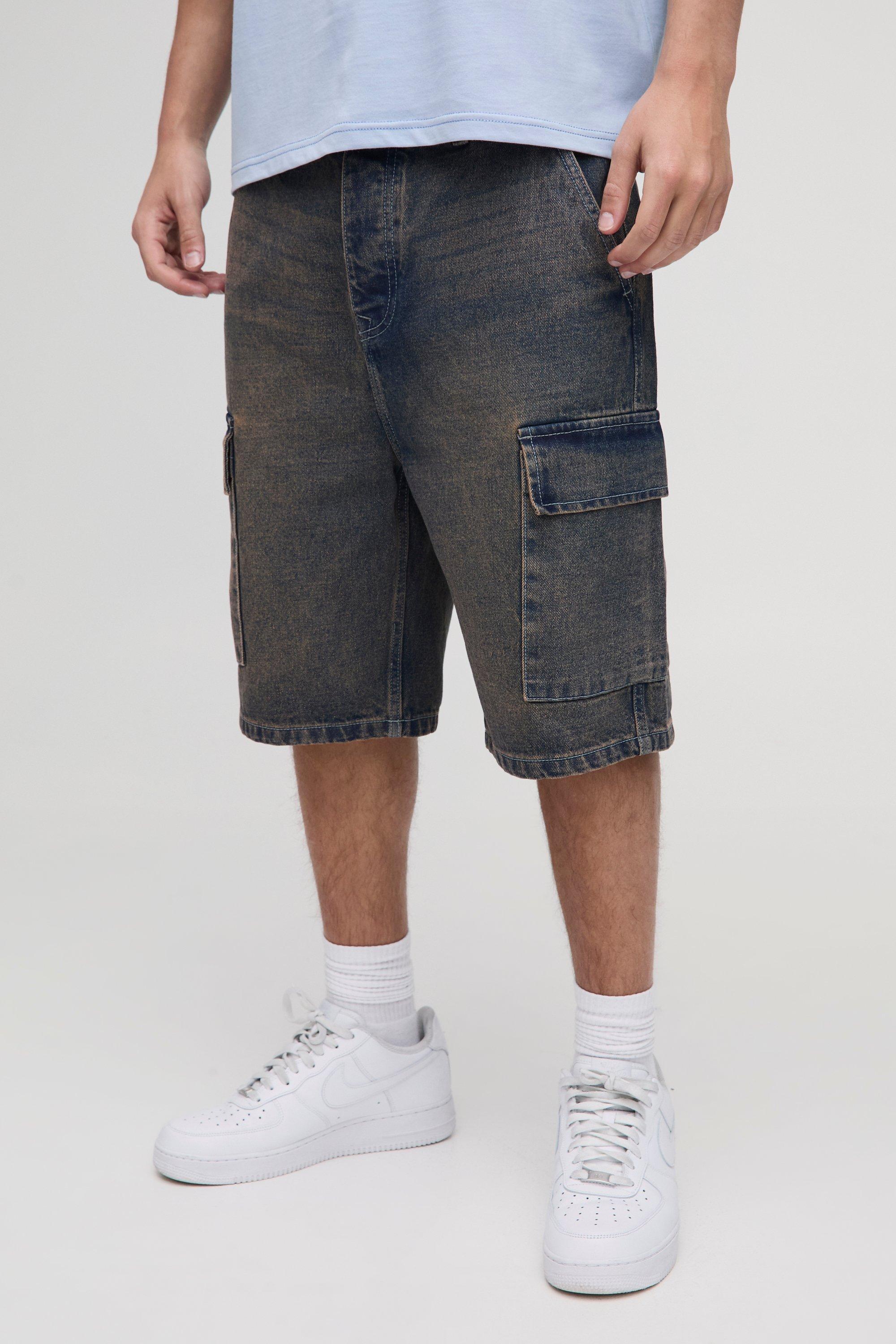 Mens Grey Loose Fit Washed Cargo Denim Shorts, Grey